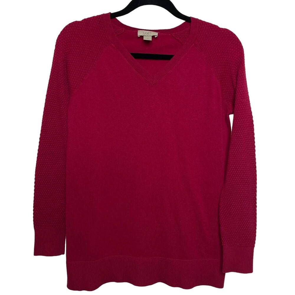 LOFT Outlet Long Sleeves V-Neck Knitted Pullover Sweater‎ Red Women M Academia